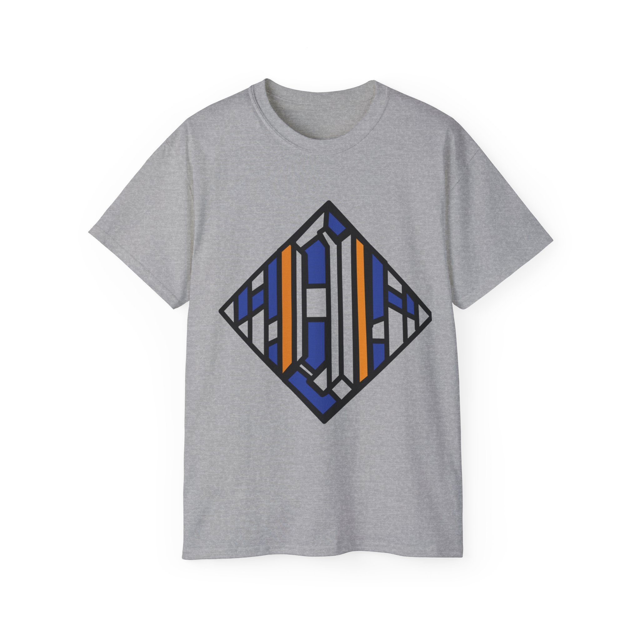 Geometric Diamond Stripe Tee — Blue & Orange Abstract Graphic T-Shirt