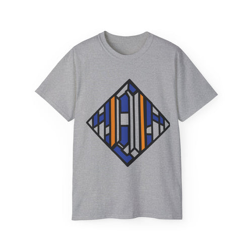Geometric Diamond Stripe Tee — Blue & Orange Abstract Graphic T-Shirt