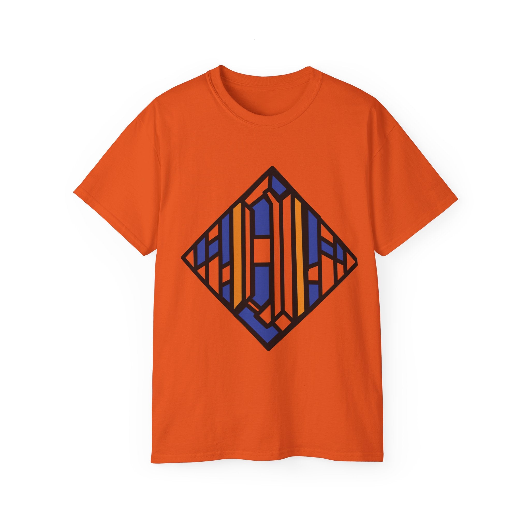 Geometric Diamond Stripe Tee — Blue & Orange Abstract Graphic T-Shirt