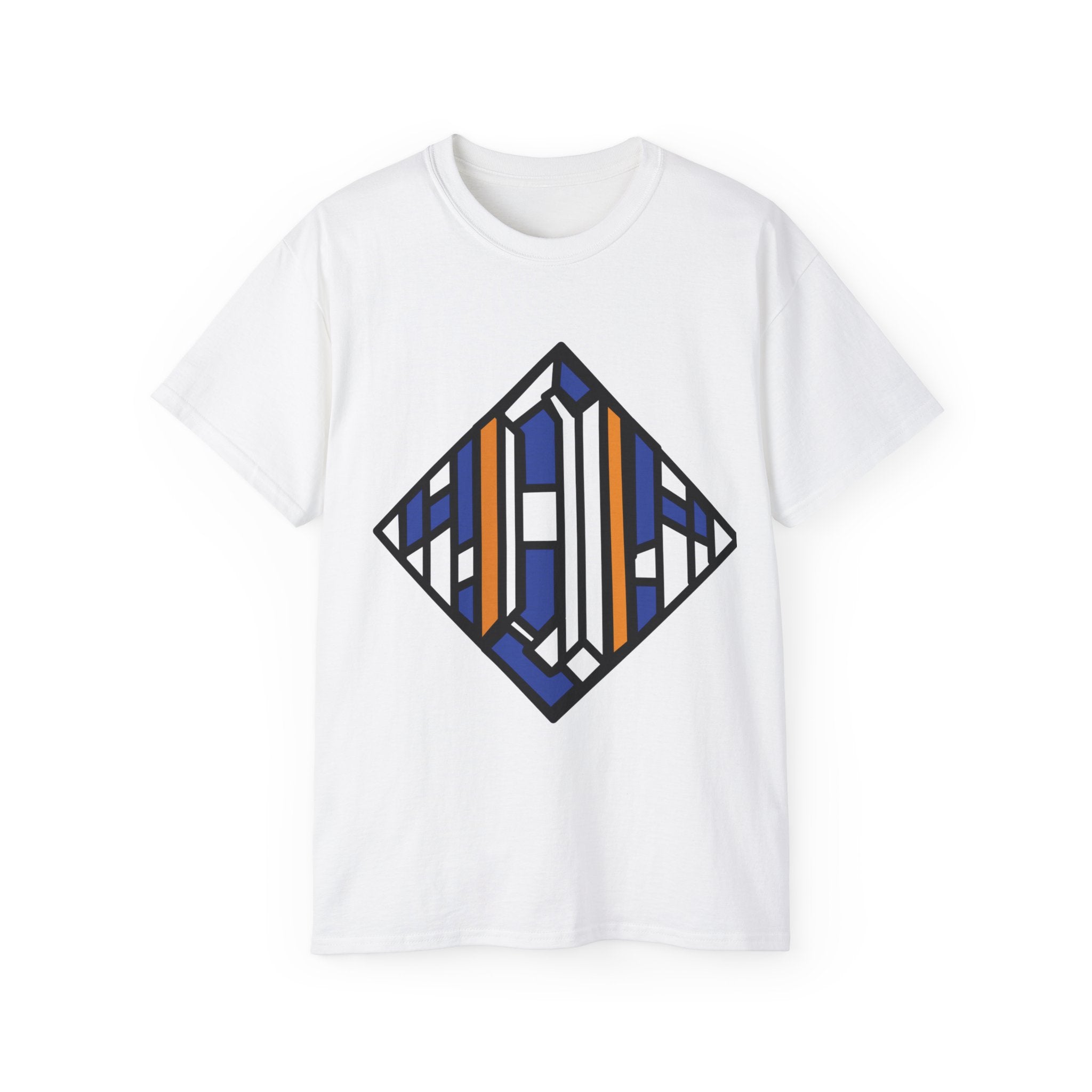 Geometric Diamond Stripe Tee — Blue & Orange Abstract Graphic T-Shirt