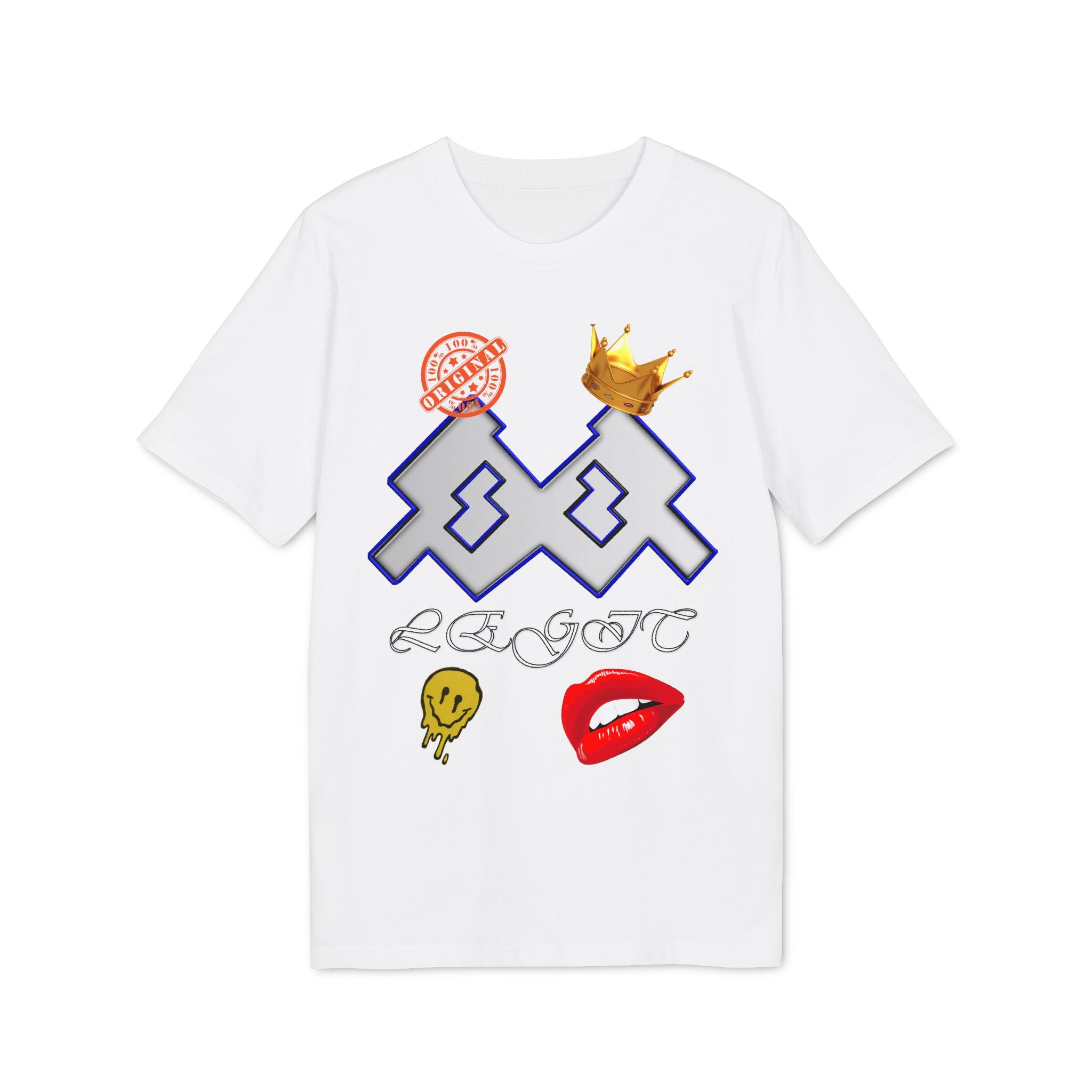 Graphic T‑Shirt — Pixel Crown Logo with 'Legend' Script & Icon Collage