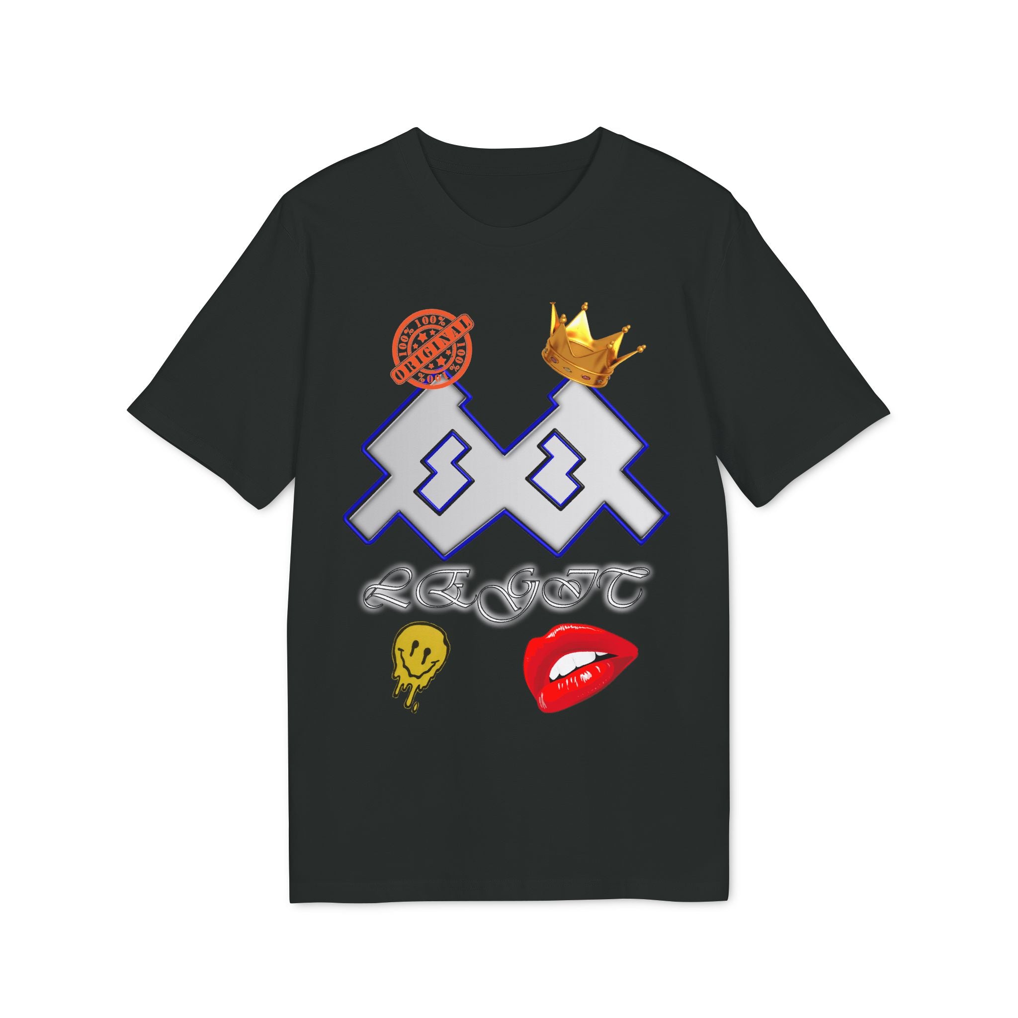 Graphic T‑Shirt — Pixel Crown Logo with 'Legend' Script & Icon Collage